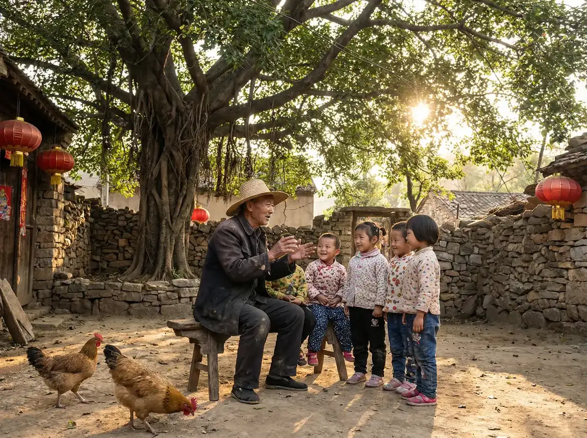 老人在大榕树下给孩子们讲故事 - 为什么今天淘宝首页是黑白的 乡村记忆